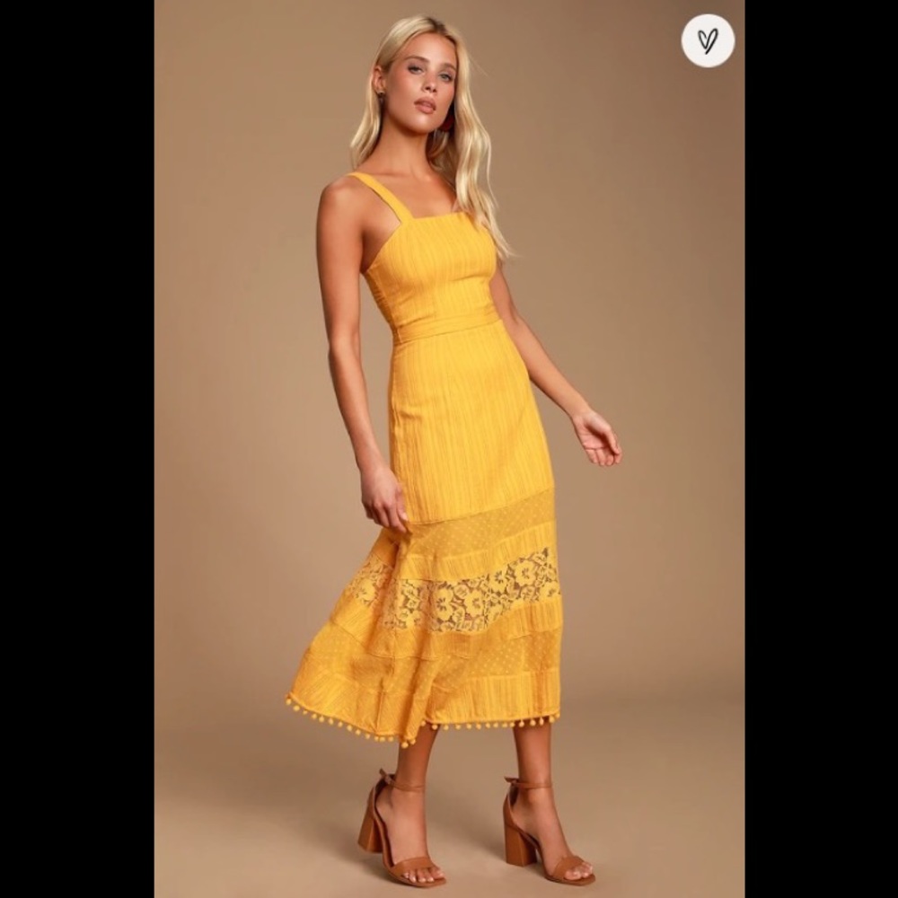 Lulu’s Hot Pursuit Mustard Lace Midi Dress XS